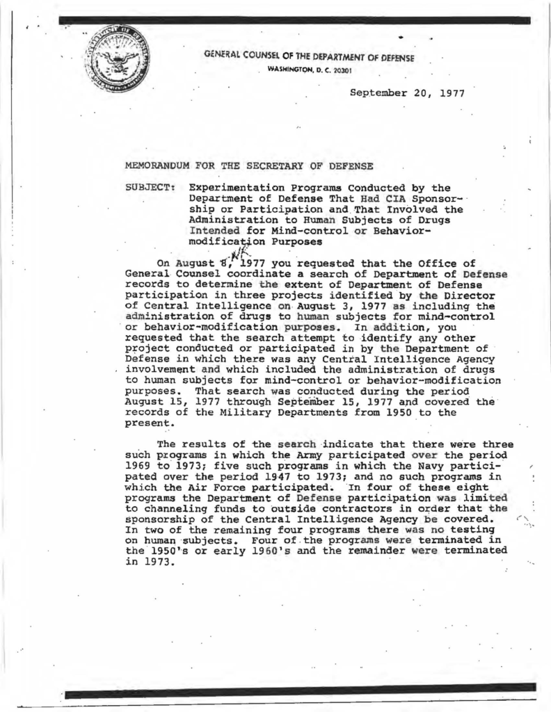 Sept 20, 1977 - Experimentation Programs Conducted