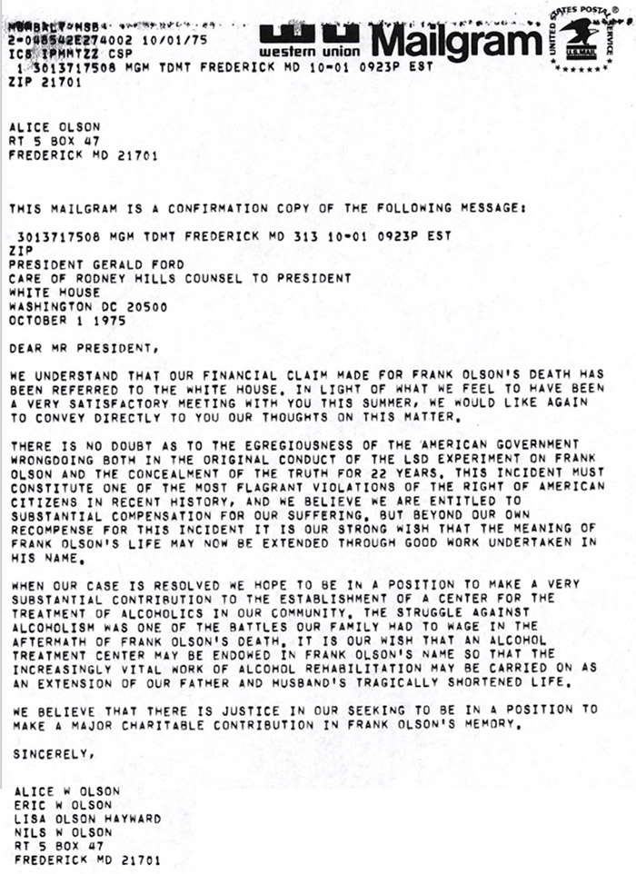 Oct 1, 1975 - Telegram sent to President Gerald Ford from Alice Olson